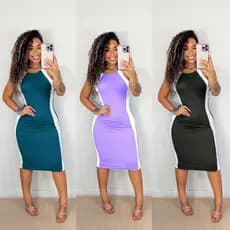 Vestido Midi Malha Canelado Feminino Justo Acinturado Listra Gola Princesa  Roupa Feminina Festa Super Promoção