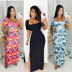 Vestido Feminino Longo de Manguinha com Abertura Lateral Manga Bufante Chique Elegante Casual Adulto Promocao Verao