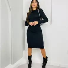 Vestido Midi Canelado Inverno Manga Longa Bufante Gola Alta Elegante Confortável Moda Feminina Tendência evangelico