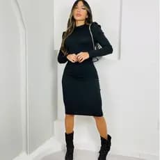 Vestido Midi Canelado Inverno Manga Longa Bufante Gola Alta Elegante Confortável Moda Feminina Tendência 2026 Premium