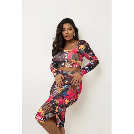 Ref 25 -Conjunto Canelado Cropped princesa e saia mide fensa feminino canelado cropped e saia paty