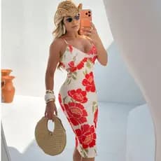 Vestido Feminino Canelado Alça Alcinha Inspiração Estampado Midi Tubinho Florido Elegante Chique