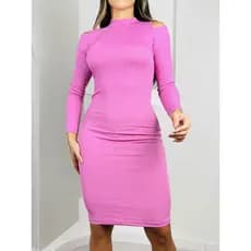 Vestido inverno manga longa abertura no ombro golinha canelado midi