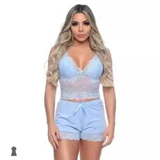 Pijama Curto Feminino Baby Doll de Dormir Renda Short Soutien
