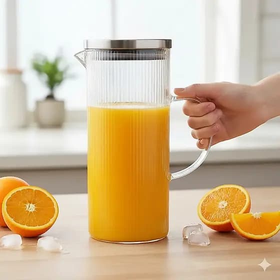 Jarra De Vidro Canelada Marine Com Tampa de Inox 1,4L Mesa Posta Lehavi