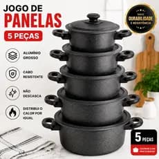 JOGO DE PANELA ALUMÍNIO 5 PEÇAS; NÃO DESCASCA; REFORÇADA; COZIMENTO RÁPIDO.