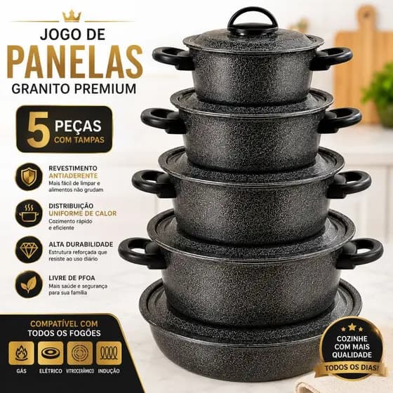 JOGO DE PANELA COM 5 PEÇAS, REFORÇADA, PREMIUM, AUMÍNIO FORTE.