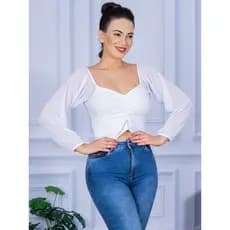 Blusa Cropped Manga Longa Bufante Tule - Super Tendência