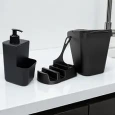 Kit Completo para Pia Cozinha – Lixeira 4,8L + Porta Detergente + Dispenser com Bucha + Rodinho
