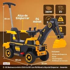 Retroescavadeira Elétrica Infantil 6V com Pá Móvel e Bateria Recarregável