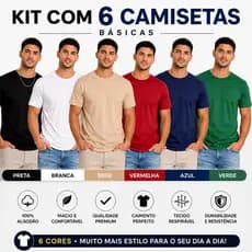 Kit 6 Camisetas Masculinas 100% Algodão | Casual e Academia | gola redonda / gola careca / premium