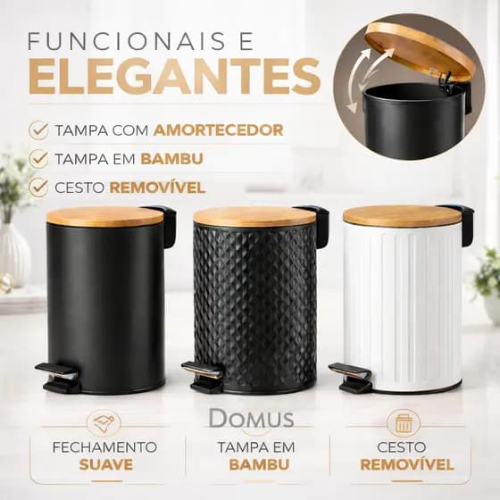 Lixeira Premium 5 Litros Com Tampa Bambu e Pedal Para Casa Banheiro Cozinha em Metal Decorativa