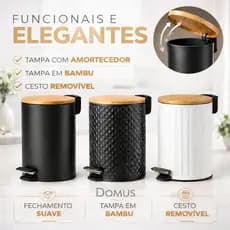 Lixeira Premium 5 Litros Com Tampa Bambu e Pedal Para Casa Banheiro Cozinha em Metal Decorativa