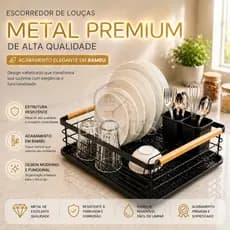 Escorredor De Louça Preto  Aço Inox E Bambu Cozinha Com Bandeja Removível Organizador Porta Talheres