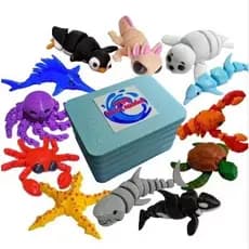 Kit 12 Miniaturas de Animais Aquáticos Articulados + Estojo com Identificação - Impressão 3D