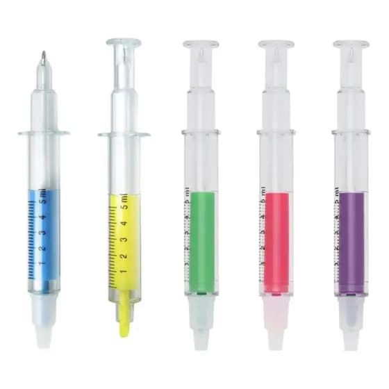 10 Un. Caneta Em Formato De Seringa Com Marca Texto - Cores