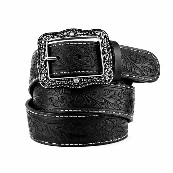 Cinto Cowboy Feminino Couro Legítimo Entalhado Com Desenho Floral E Botão Para Trocar Fivela
