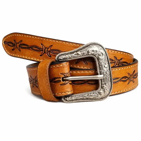 Cinto Infantil Country Em Couro Legítimo Entalhado De Arame Com Fivela Luxo Cowboy Boiadeira