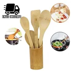 Kit Utensílios de Cozinha em Bambu 5 Peças Colher Espátula Concha e Suporte