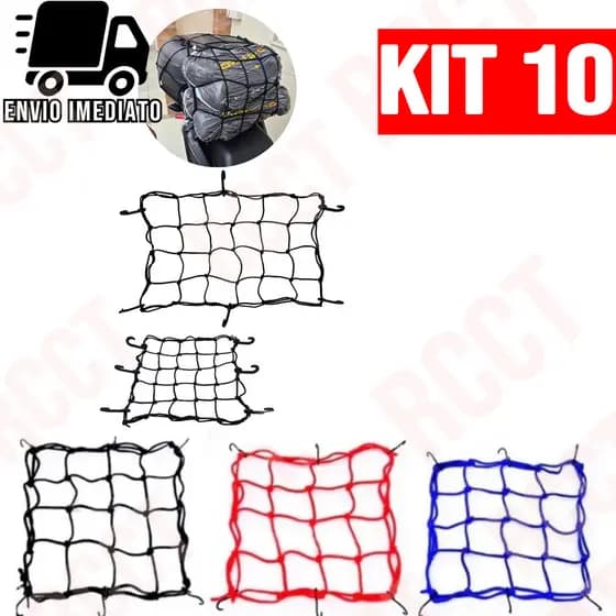 Kit 10 Rede Aranha Elástica 30x30 para Bagageiro Moto Carro Bicicleta com 6 Ganchos Reforçados
