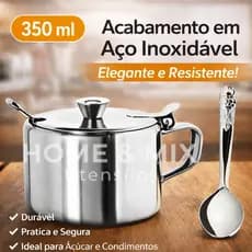 Açucareiro em Aço Inox com Tampa e Colher Porta Açúcar Chá Café Para Mesa 350ml