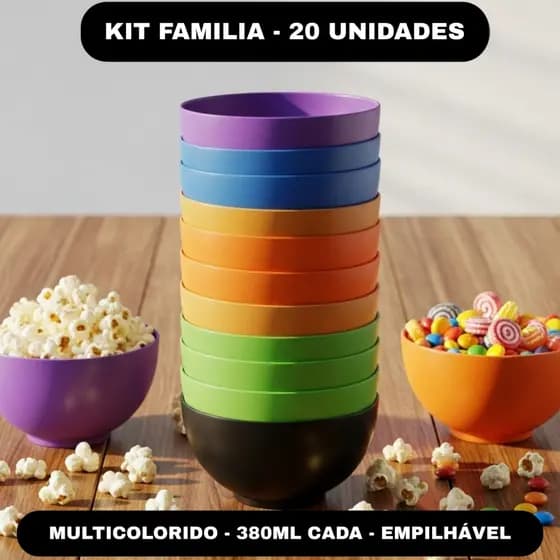 KIT 5 10 e 20 POTES BOWL COZINHA 380ML DE PLÁSTICO COLORIDO REDONDO TIGELAS SORVETE AÇAI DOCE PIPOCA