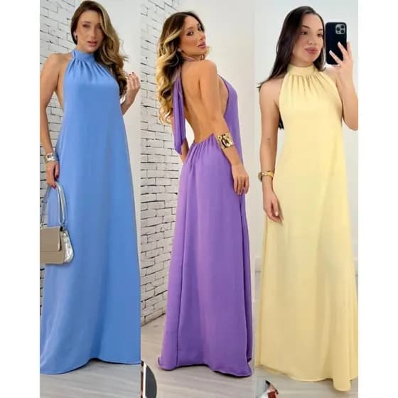 Vestido Longo Gola Alta Costa Nua Frente Única Festa Formatura Casamento Madrinha