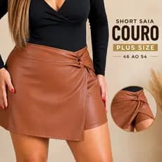 SHORT SAIA PLUS SIZE DE COURO BALADA FESTIVAL LOOK CURVE OUTONO INVERNO FEMININO FEMENINO