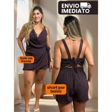 Macaquinho Plus Size Shorts Saia Elegante Curto Decote V Soltinho e Modela o Corpo