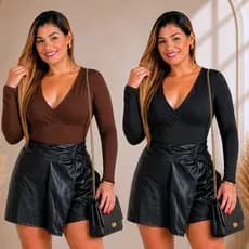 Body Bory Feminino Plus size Manga Longa Outono Inverno decote V preto moda festival balada casual