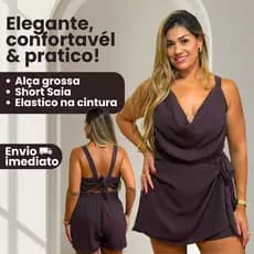 Macaquinho Plus Size Feminino Soltinho Modelo o Corpo Elegante Curto Decote V Shorts Saia