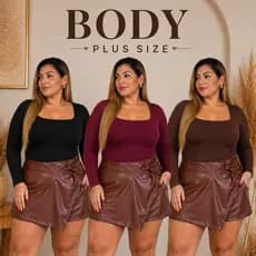 BODY MANGA LONGA PLUS SIZE FEMININO MODA BASICO OUTONO INVERNO DECOTE QUADRADO MODELADOR BORY PRETO