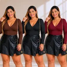 Body Feminino Plus Size Decote V Manga longa outono inverno festival casual Modela o Corpo