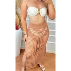 Saida de Praia Ponto Crochê em Tricot  Saia Longa  Redodonda com Fenda Lateral  Moda Verão Piscina