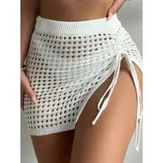 Saída de Praia Ponto Crochê em Tricot Saia Curta com Fenda Lateral e Cordão Moda Verão Piscina