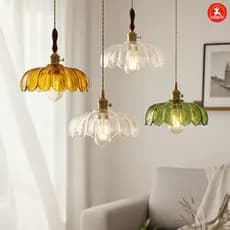Luminária Pendente Vintage Com Abajur De Vidro Scindapsus Verde , Lustre Japonês De Latão Luz De Teto Ajustável Para Bal