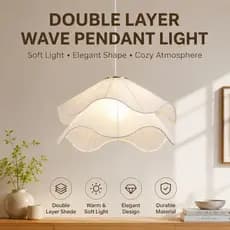 Lustre Pendente Dupla Camada Ondulado Creme Tecido Metal Para Sala Quarto Cozinha Vários Tamanhos