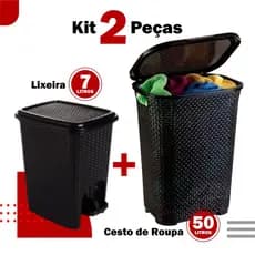 Kit Cesto de Roupa Rattan c/ Tampa e Alça Basculada 50LTS+ Lixeira 7 lts Rattan Preta ARQPLAST