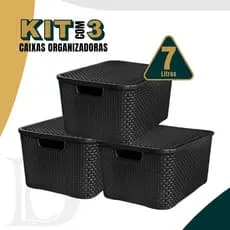 Kit Com 3 - Cesto Caixa Organizadora Rattan - 7 Litros - Com Tampa - Preto
