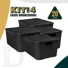 Kit 4 Caixas Organizadoras 20 Litros Rattan Cesto para Brinquedos Organizador de Armário Multiuso