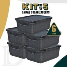 Kit 5 Caixa Organizadora  Jutta Preto 6 Litros  Cesto Organizador Gavetas Guarda-Roupas Armario Brin