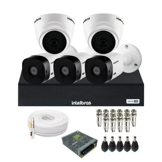 Kit 5 Câmeras de Segurança Intelbras Completo Dvr 8 ch + 5 Câmeras VHC 1120B S/Hd