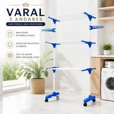 Varal de Chão Vertical 3 Andares Dobrável com Rodinhas Cabideiro Anti Ferrugem 48kg