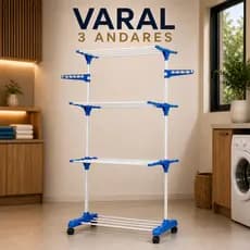 Varal de Chão Vertical 3 Andares com Prateleiras e Cabideiro Multiuso com Rodinhas  Anti Ferrugem