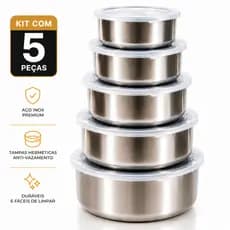 Potes Herméticos Redondos Inox Kit Com 5 Mantimentos ArmazenamentoTampa Transparente Cozinha