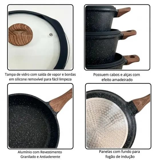 Jogo de Panelas Antiaderente Cerâmica 10 Peças Preto Premium