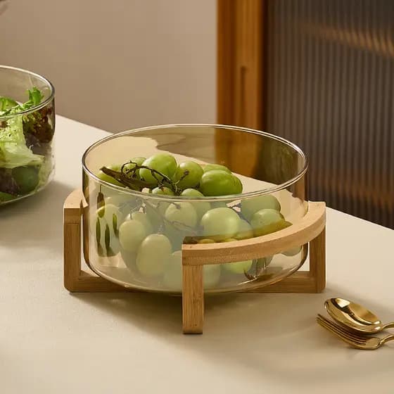 Saladeira De Vidro 1.8L/2.8L/3.8L Com Suporte De Madeira-Tigela Grande Para Servir Salada , Frutas Bambu Natural