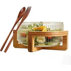 Tigela De Servir Extra Grande Com Utensílios E Base De Madeira-Vidro De Cálcio Durável Suporte De Bambu Rústico