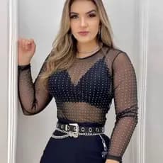 Body Strass Pedraria Body de Tule com Aplicação Brilho Bory luxo Moda Boutique Moda Gringa Moda Balada