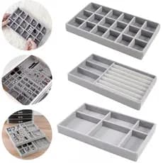 Kit 3 Bandejas Porta Joias Veludo Organizadora Bijuterias Cinza ou Bege